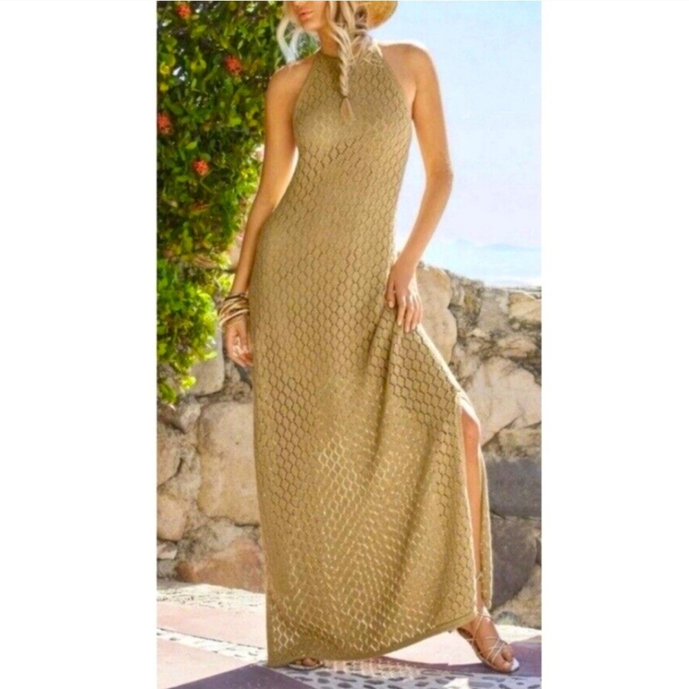 Boston Proper Gold Crochet Halter Maxi Dress